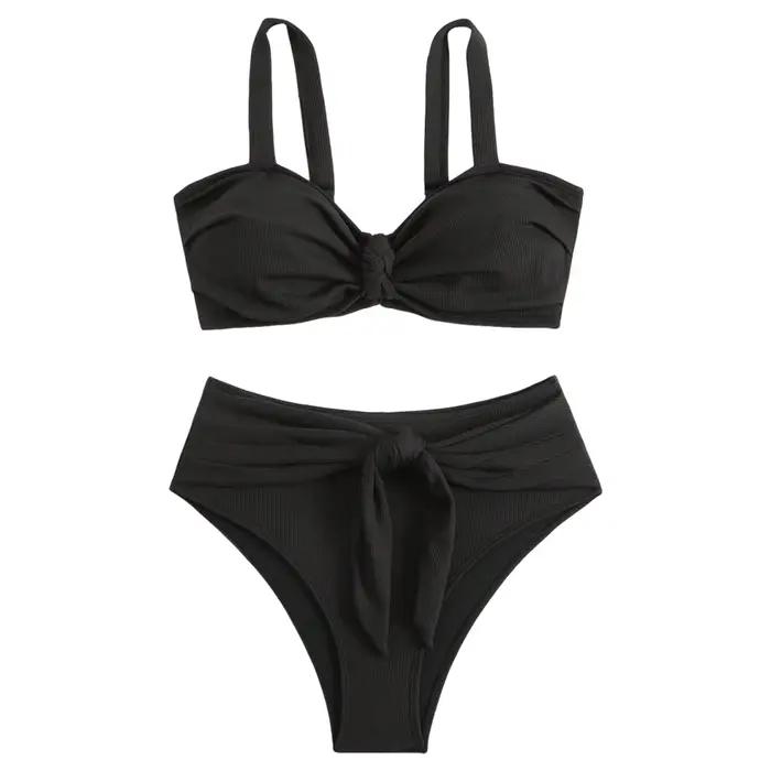 Bikini noir pour femmes avec motifs imprimés, deux pièces ajustables, col suspendu, cordon de serrage pour une meilleure couverture, idéal pour les journées à la plage, les soirées de pool party, les vacances et les activités sportives