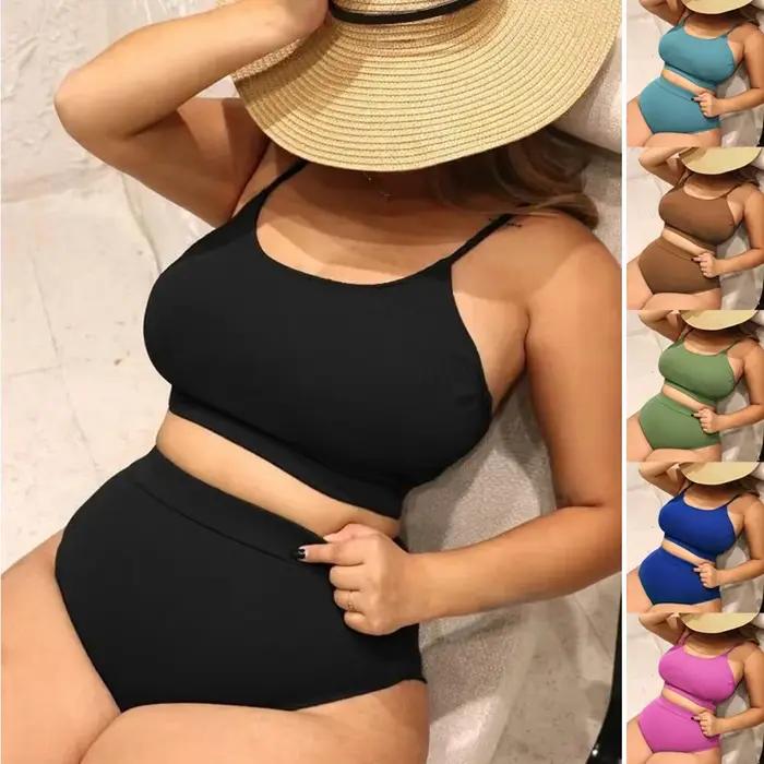  2025 nouveau 4XL femmes grande taille Bikini ensemble deux pièces couleur unie maillot de bain pour vacances ventre