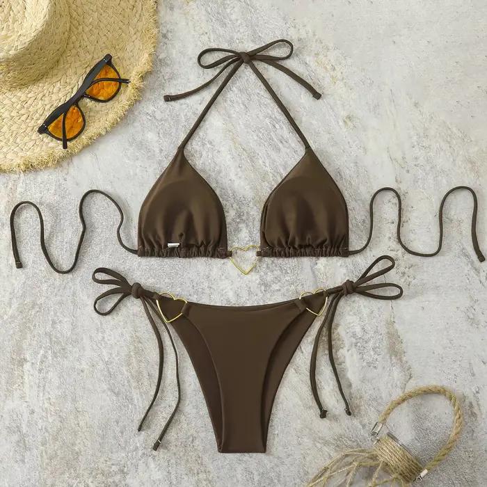 Ensemble de bikini sexy avec ornement en forme de cœur en métal 2026 Femmes Bleu Rose Halter Push Up Bra Thong Maillot