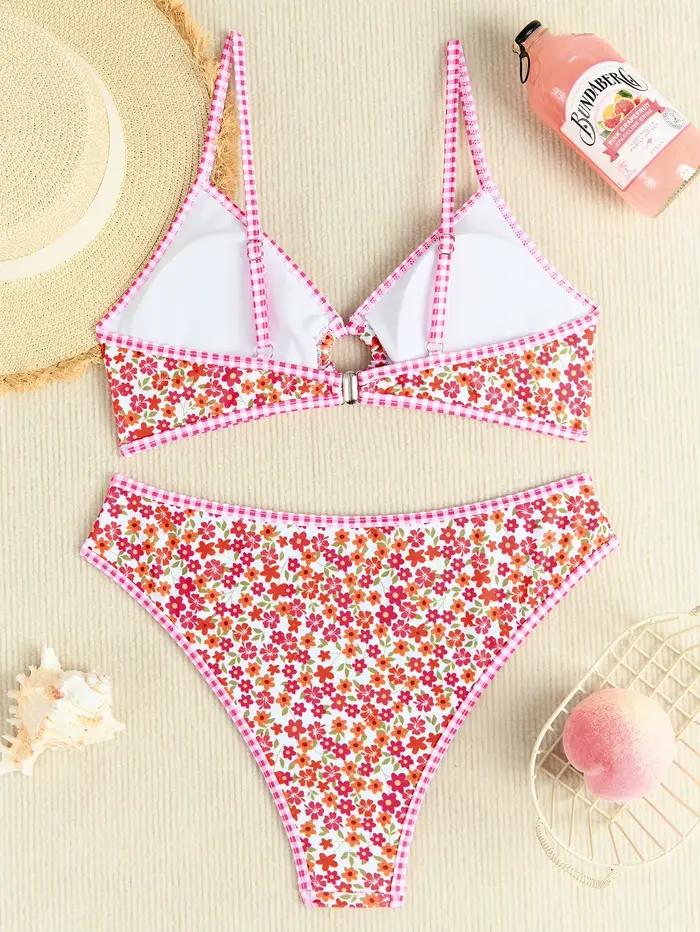 Rose rouge fleur imprimé Bikini ensemble femmes 2025 été nouveau taille haute 2 pièces maillot de bain col en v