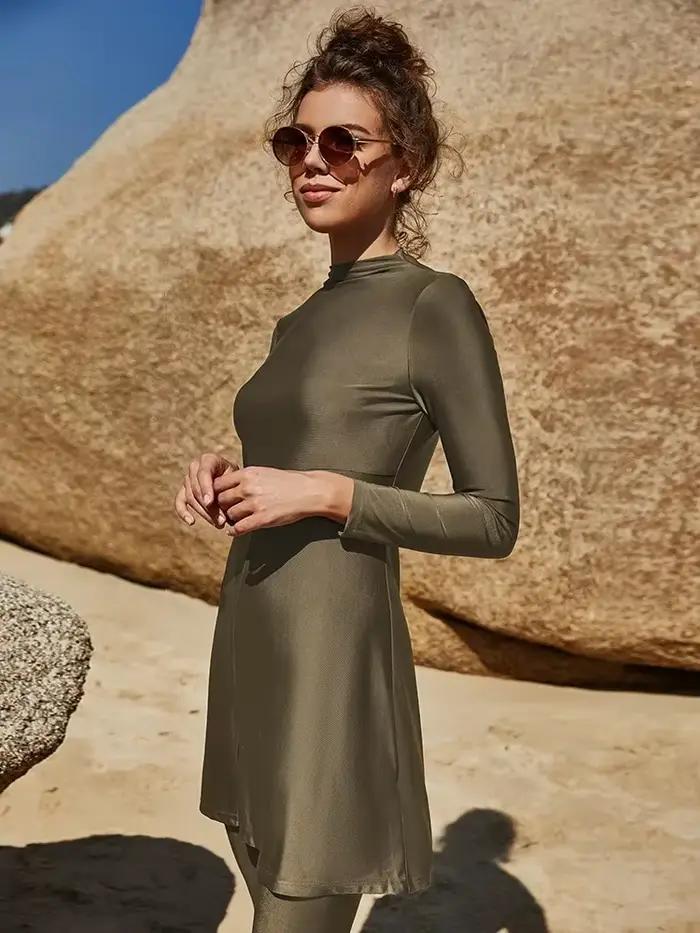 Maillot de bain musulman arabe 2026 pour femme, burkini islamique modeste, uni, à manches longues, avec turban intégré, pour le sport