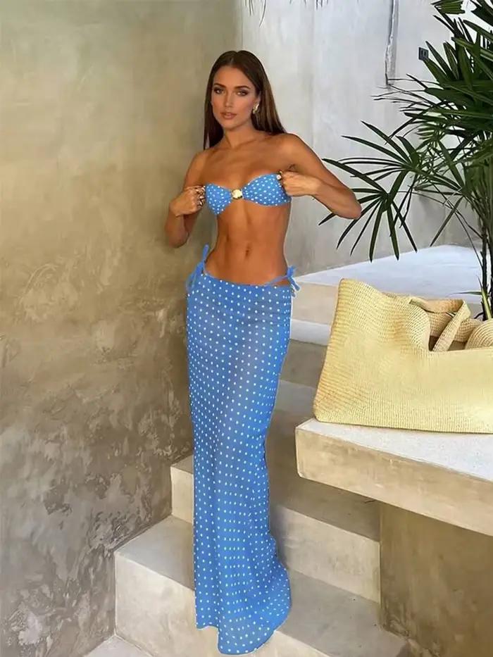 Maillots de bain femme à pois ensemble bikini 3 pièces sexy haut bandeau jupe longue maille tenue de plage été 2026 ensemble biquini