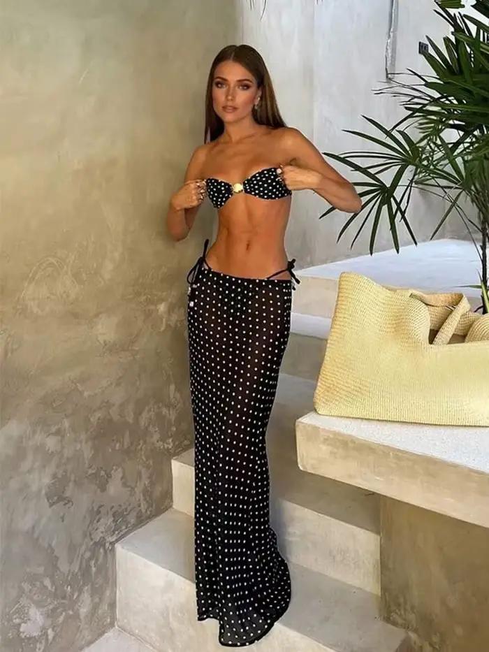 Maillots de bain femme à pois ensemble bikini 3 pièces sexy haut bandeau jupe longue maille tenue de plage été 2026 ensemble biquini