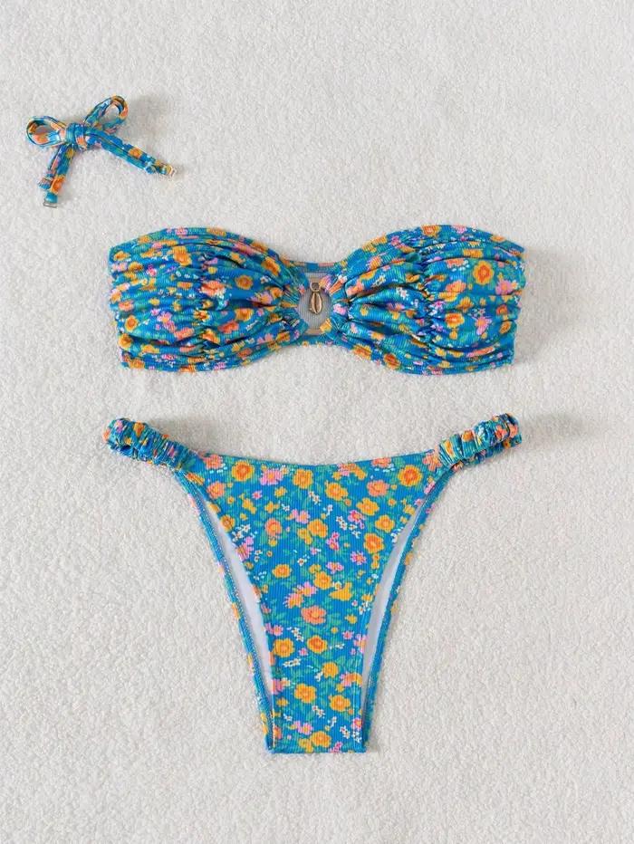 Sexy Bandeau Bikini 2025 femmes métal Ringt lié plissé Push Up Micro maillot de bain brésilien plage