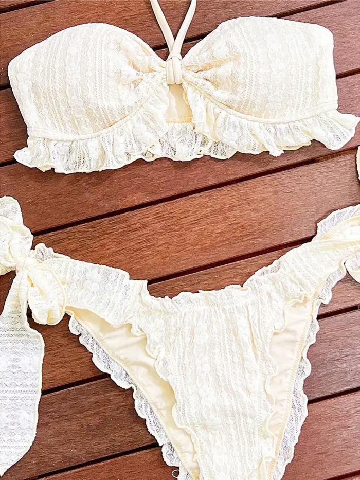 Bikini Halter à volants en dentelle pour femmes, maillot de bain rembourré, ensemble deux pièces K8155