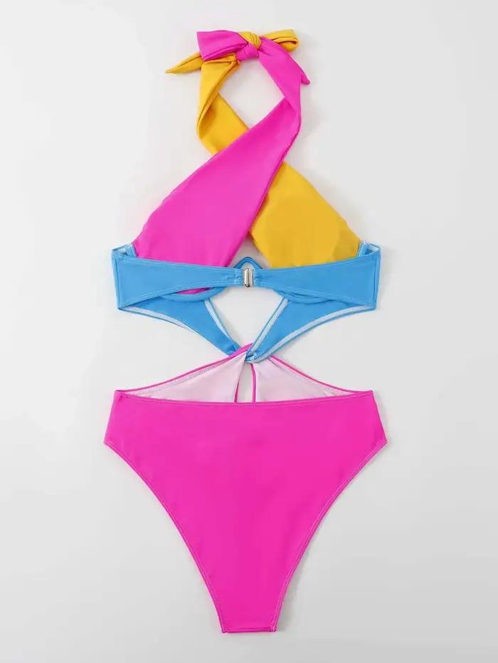 Maillot de bain une pièce sexy rose contrastant 2026 pour femmes style halter croisé avec armatures et découpes idéal pour la plage et les vacances occaions spéciales