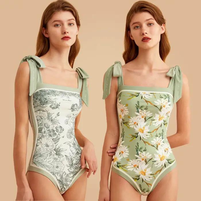 Maillot de bain une pièce à fleurs réversibles pour femmes avec jupe maillot de bain brésilien ensemble Bikini d'été nœud papillon 2025