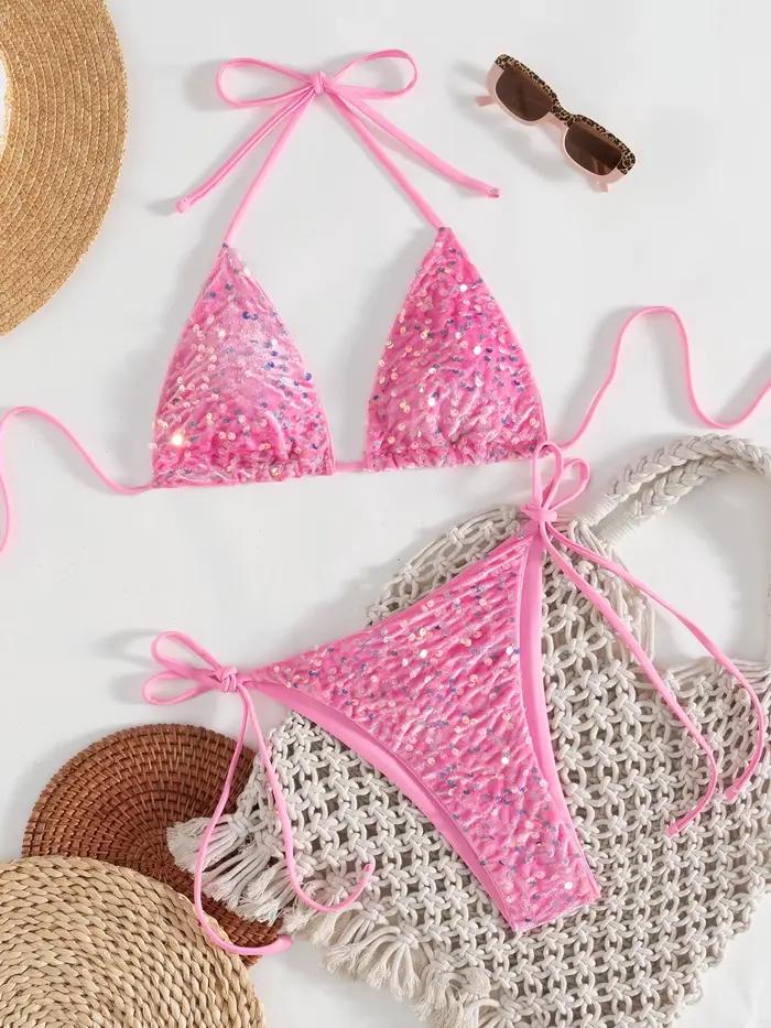 Bikini Rose à Paillettes Brillantes 2026 Femme Taille Basse Push-Up String à Nouer Plage Mariage Vacances Soirées Piscine
