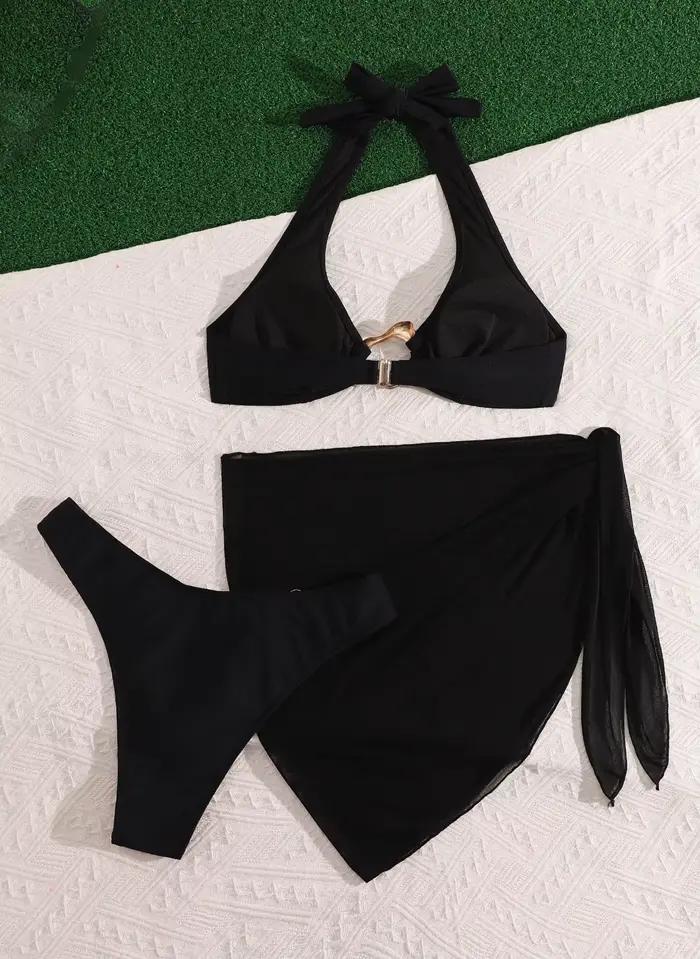 Ensemble bikini 3 pièces marron 2026 – Nouveau maillot de bain femme avec paréo – Tenue de plage sexy pour les vacances