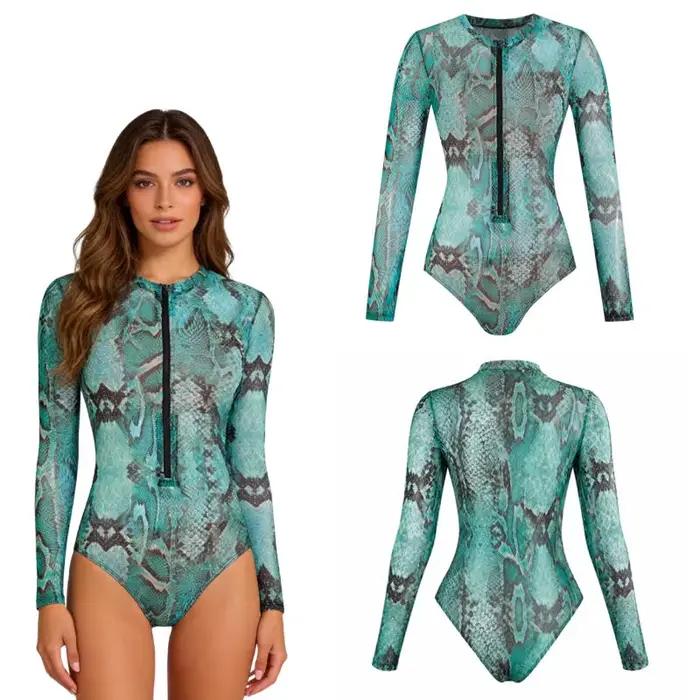 Maillot de bain une pièce à manches longues imprimé serpent turquoise
