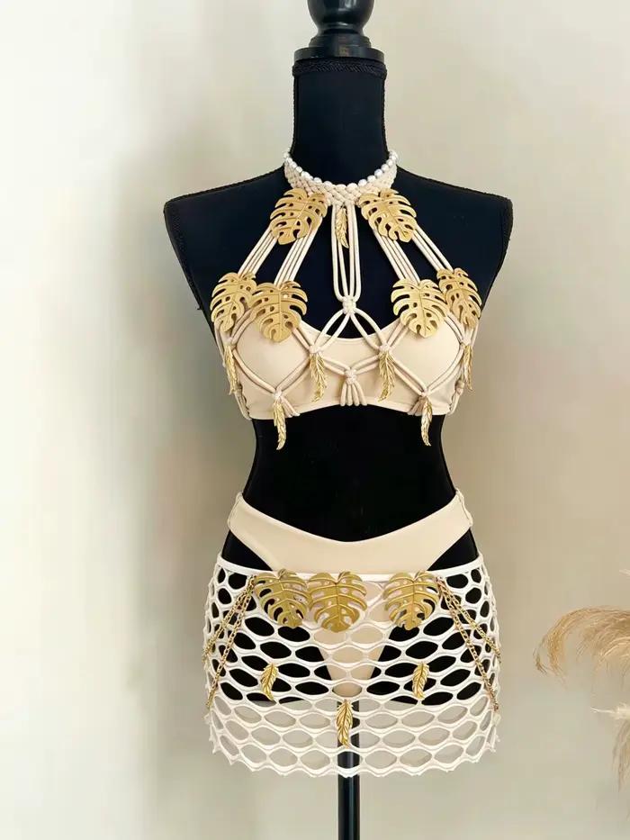 Sexy haute Nick Bikini femmes perles 3 pièces maillots de bain jupe soutien-gorge Mini