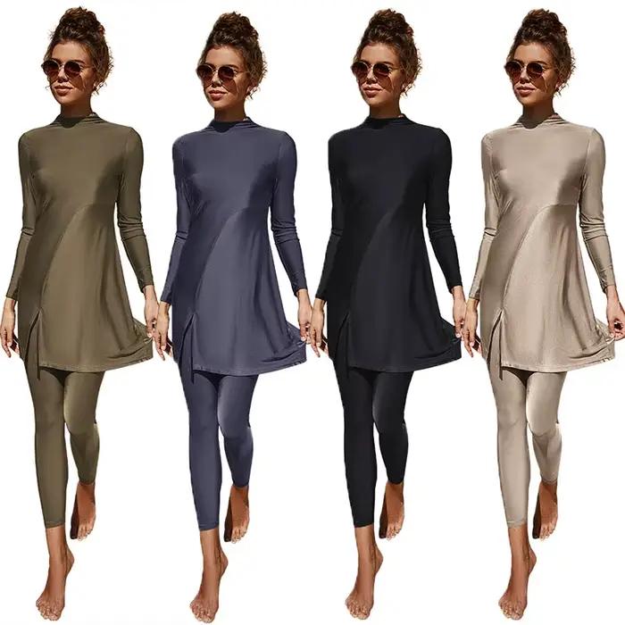 2 pièces/ensemble couleur unie islamique musulman maillot de bain Burkini pour femmes dames ensemble de natation