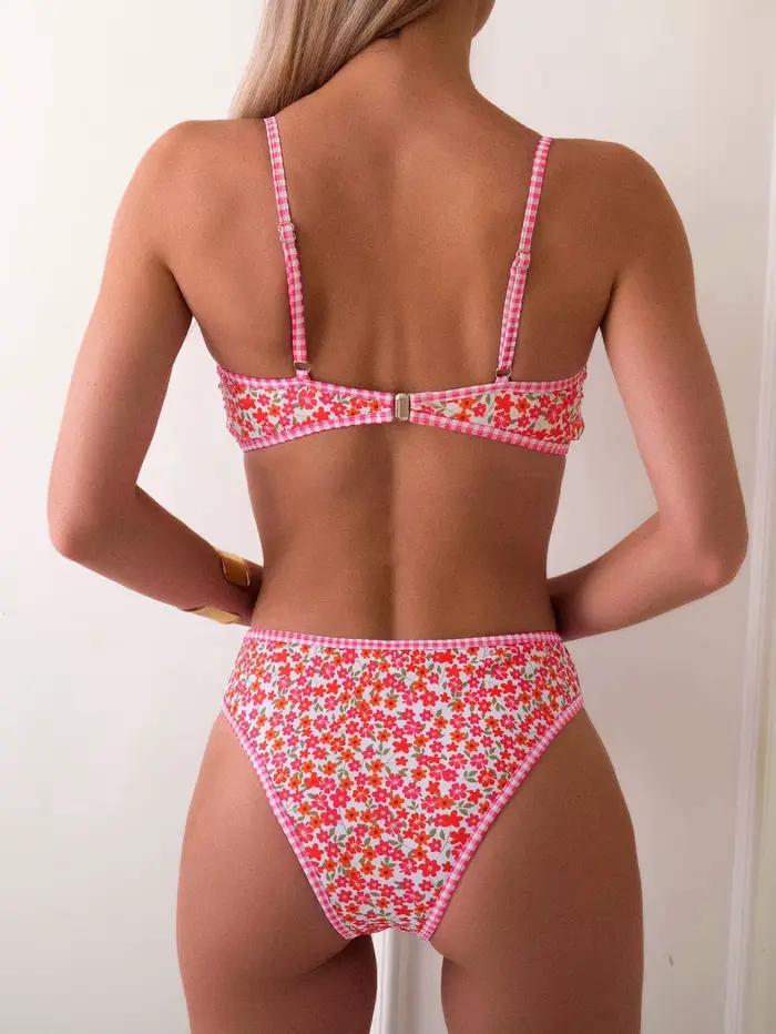 Rose rouge fleur imprimé Bikini ensemble femmes 2025 été nouveau taille haute 2 pièces maillot de bain col en v