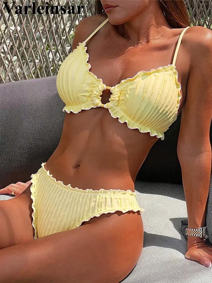 Bikini froissé à volants pour femme, ensemble deux pièces style brésilien, col triangulaire, polyester et élasthanne, pour plage, vacances, fête à la piscine, sports nautiques, croisière