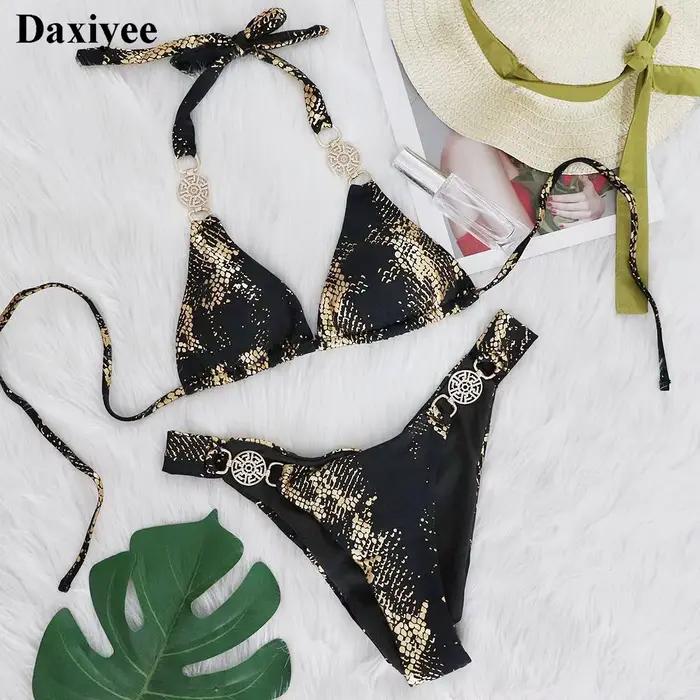 Peau de serpent imprimé licou diamant Bikini ensemble 2024 strass femmes maillots de bain