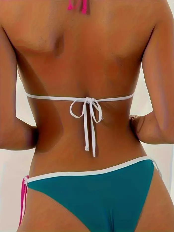 Ensemble Bikini Femme 2026 Été Bleu Teal Rose Vif Bordure Contrastante Halter Triangle Liens Latéraux Maillot de Bain Sexy pour Vacances à la Plage