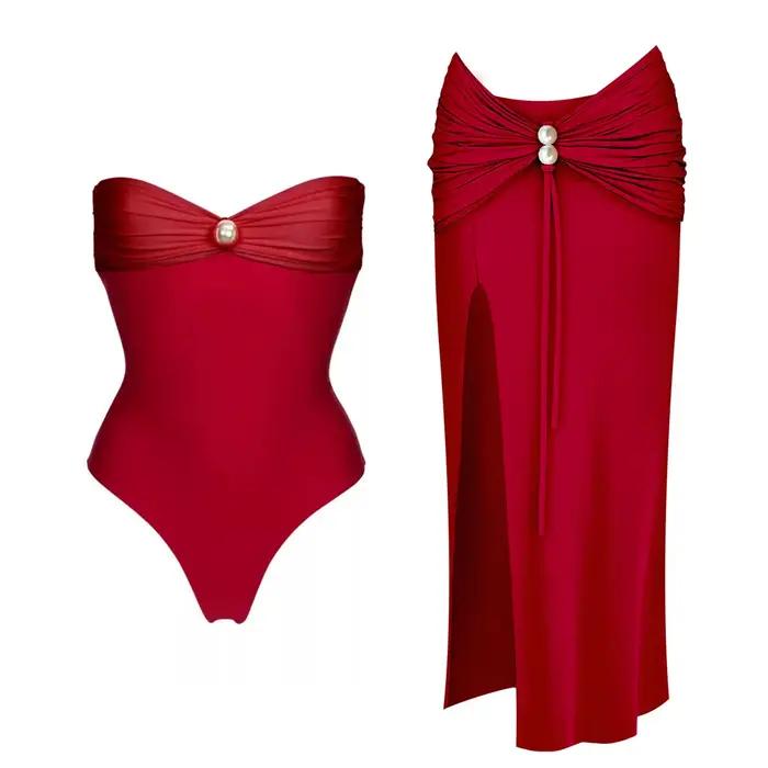 Maillot de bain une pièce patchwork avec cache-maillot sexy pour femmes, bikini perlé, bandeau uni, vêtement de plage, occassions estivales et cadeaux personnalisés