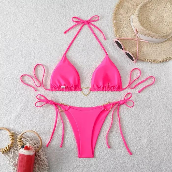 Ensemble de bikini sexy avec ornement en forme de cœur en métal 2026 Femmes Bleu Rose Halter Push Up Bra Thong Maillot