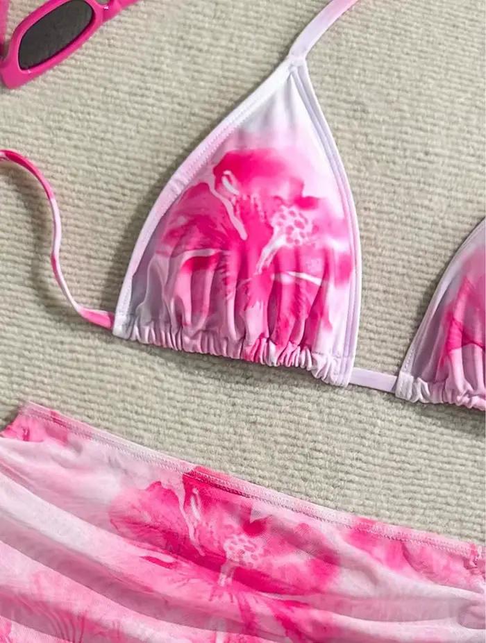 Sexy 3 pièces ensemble Bikini femmes imprimé maillot de bain fendu sangle de cou