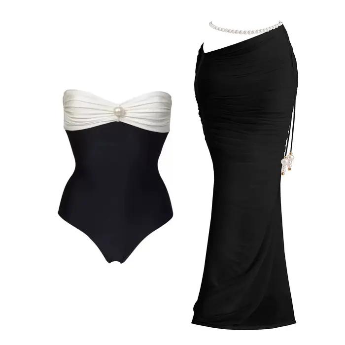 Maillot de bain une pièce patchwork avec cache-maillot sexy pour femmes, bikini perlé, bandeau uni, vêtement de plage, occassions estivales et cadeaux personnalisés