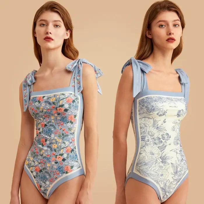 Maillot de bain une pièce à fleurs réversibles pour femmes avec jupe maillot de bain brésilien ensemble Bikini d'été nœud papillon 2025