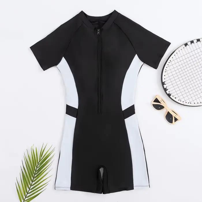 Nouveau maillot de bain une pièce pour femmes demi manches surf costume noir blanc contraste haute élasticité conservateur fermeture éclair Style Bikini