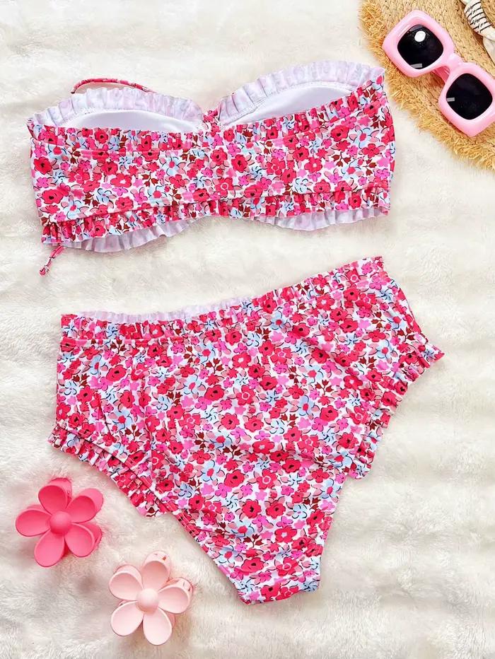 Bikini imprimé fleuri à épaules nues pour femme, ensemble deux pièces, taille haute, plissé, plage, mariage, vacances, piscine, spa, sources chaudes, sports nautiques, quotidien, croisière