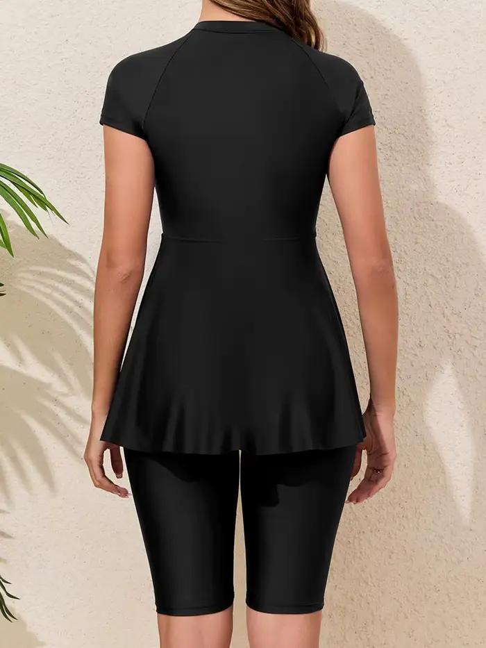 Maillot de bain zippé et short de plage 2026 pour femme deux pièces uni protection solaire vêtements de natation et de plongée polyester élasthanne ajustement confortable occasions spéciales nage et plage