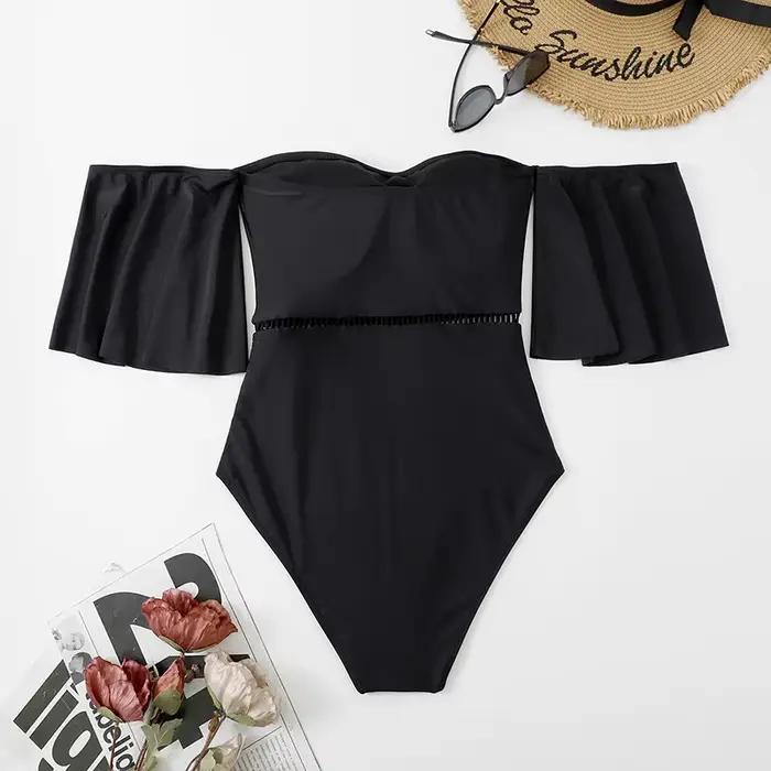 Maillot de bain une pièce uni à volants pour femme