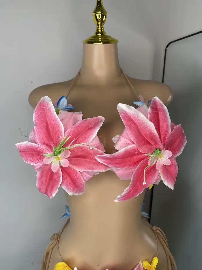 Femmes Sexy Tropical à la main fleur à la mode Bikini deux pièces Transparent Floral maillot de bain tenue de plage danseur Performance Costume