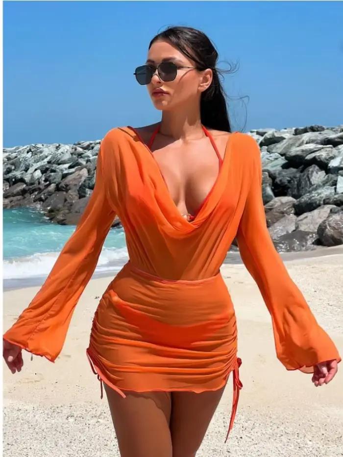 Ensemble de maillots de bain rouge à manches longues pour femme, avec string sexy et couverture de plage, idéal pour les vacances et les fêtes à la piscine