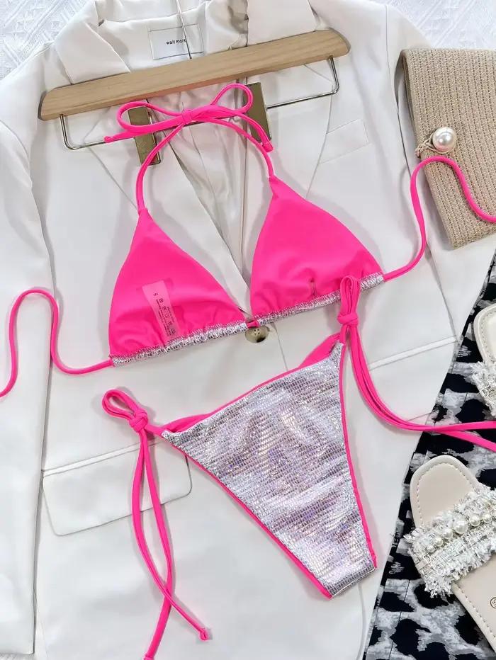 Bikini 2026 Sexy Triangle Paillettes Brillantes Maillot de Bain Femme Halter Ensemble Bikinis Tenue de Plage Banadores