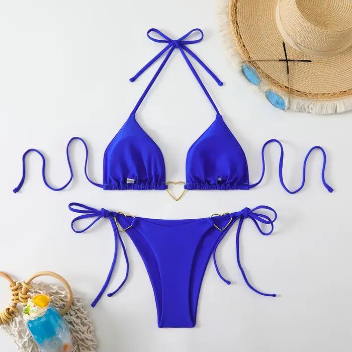 Ensemble de bikini sexy avec ornement en forme de cœur en métal 2026 Femmes Bleu Rose Halter Push Up Bra Thong Maillot