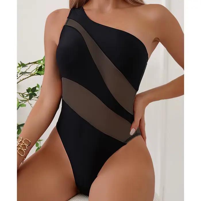 Maille Patchwork voir à travers maillot de bain femmes Sexy une épaule maigre une pièce