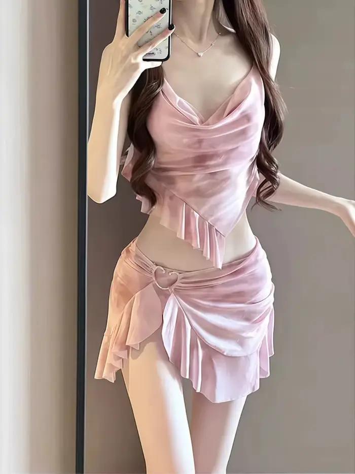 Nouvel ensemble de bikini rose pour femme de style coréen avec volants dégradés
