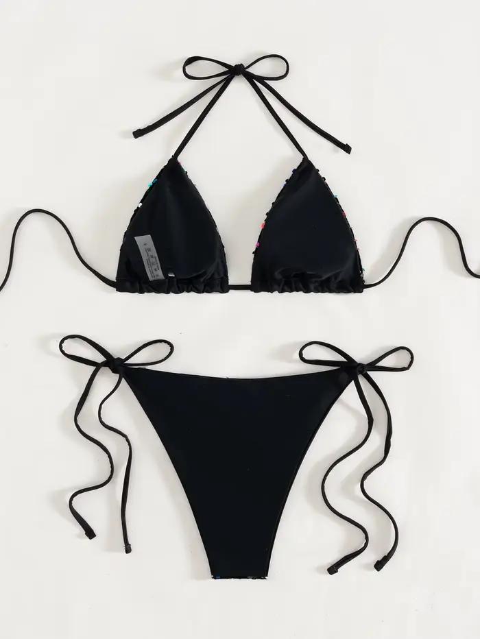 Bikini Rose à Paillettes Brillantes 2026 Femme Taille Basse Push-Up String à Nouer Plage Mariage Vacances Soirées Piscine
