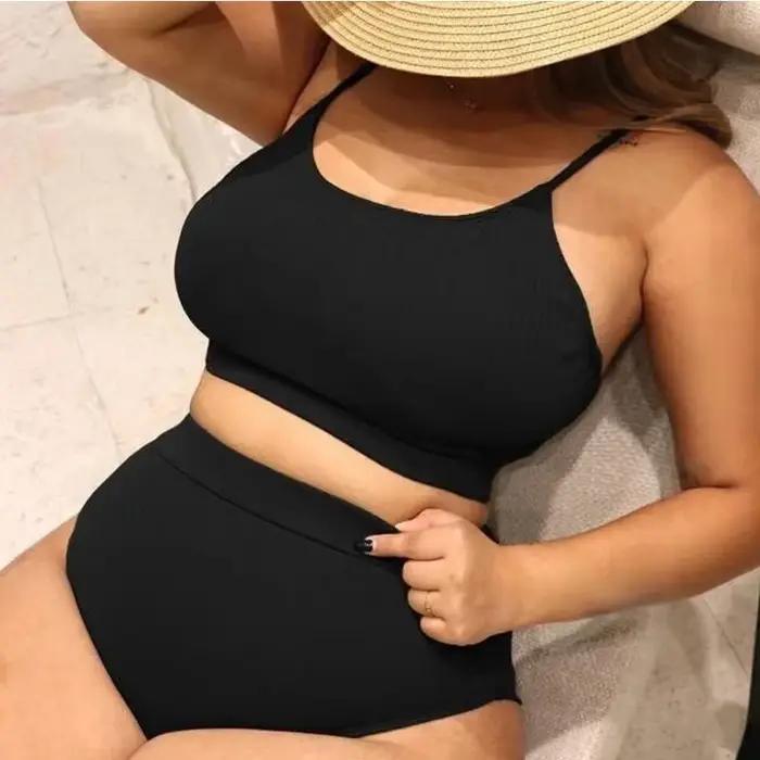  2025 nouveau 4XL femmes grande taille Bikini ensemble deux pièces couleur unie maillot de bain pour vacances ventre