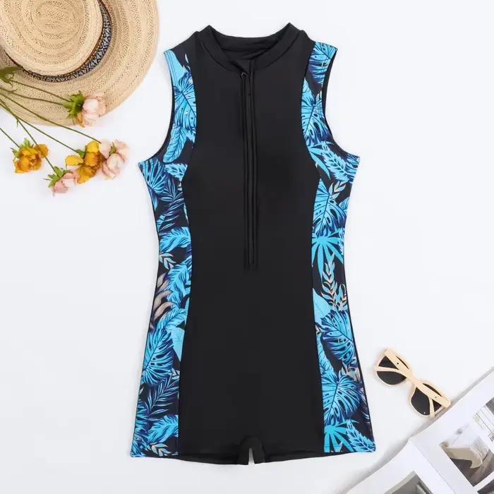 Vintage feuilles bleues imprimer épissé une pièce maillot de bain surf costume pour femmes fermeture éclair sport