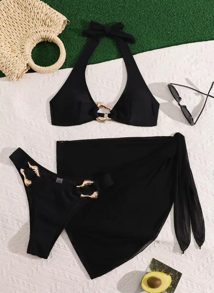Ensemble bikini 3 pièces marron 2026 – Nouveau maillot de bain femme avec paréo – Tenue de plage sexy pour les vacances