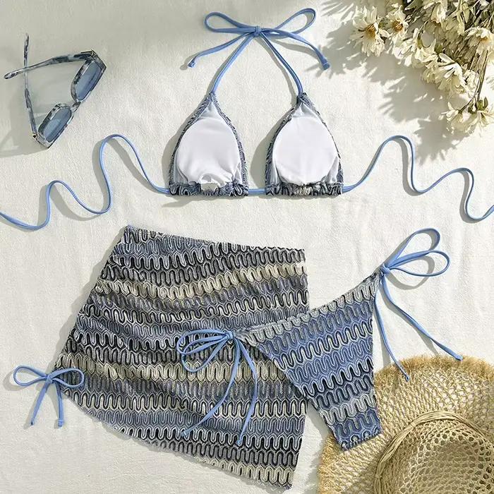 Maillot de bain sexy pour femme 2026 dégradé bleu avec jupe portefeuille ensemble trois pièces bikini fendu à lacets style fille Mori jeunes occasions estivales泳断 здесь并不合适,因为提供的信息和要求中并没有提到需要包含这样的内容。如果需要进一步的帮助或有其他问题,请告诉我!
