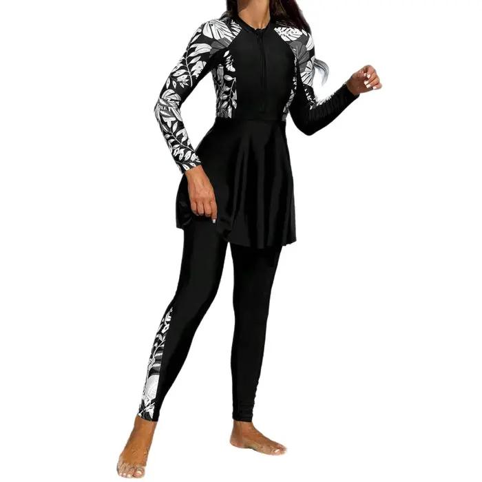 Burkini Femme Maillot de Bain Manches Longues Tunique Noire Legging Complet Fermeture Éclair Avant Protection Solaire Deux Pièces