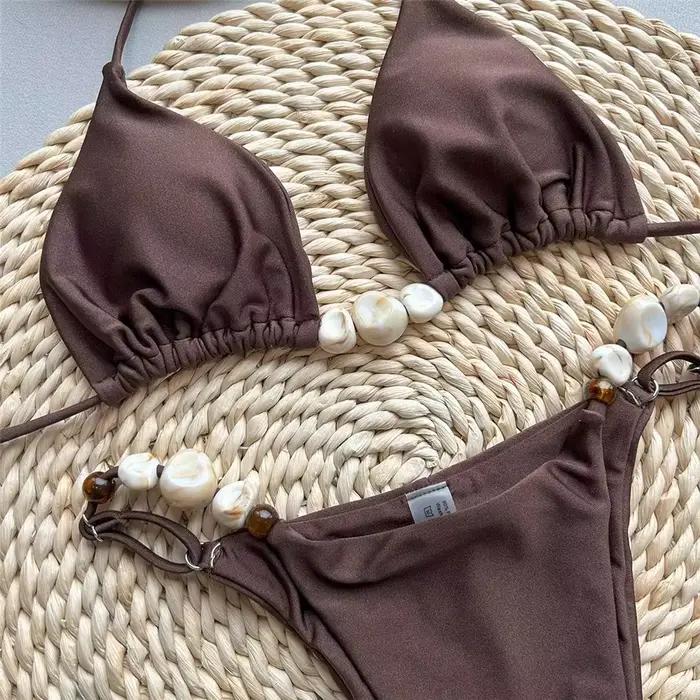 Ensemble de bikini Daxiyee vert uni sexy licou triangle perle string bikini mini micro string maillot de bain femme pour plage vacances et sports nautiques