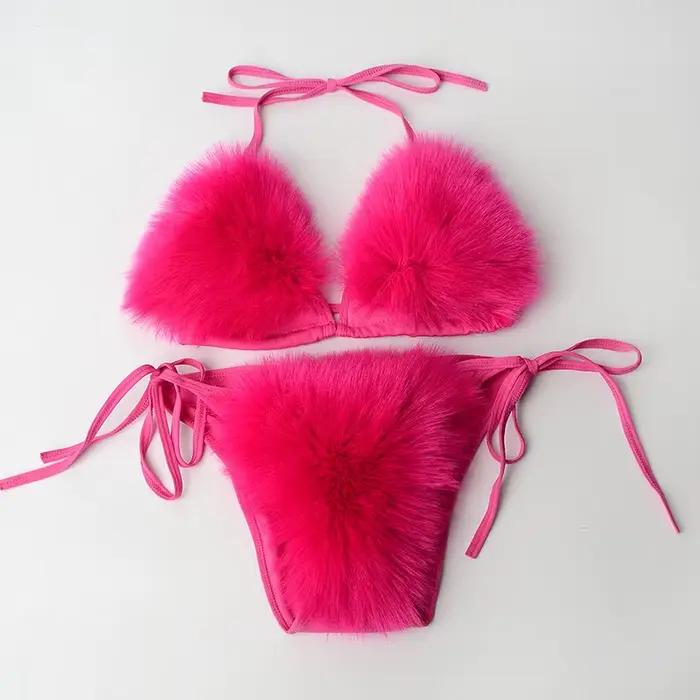 Maillot de bain deux pièces en fausse fourrure de renard pour femmes
