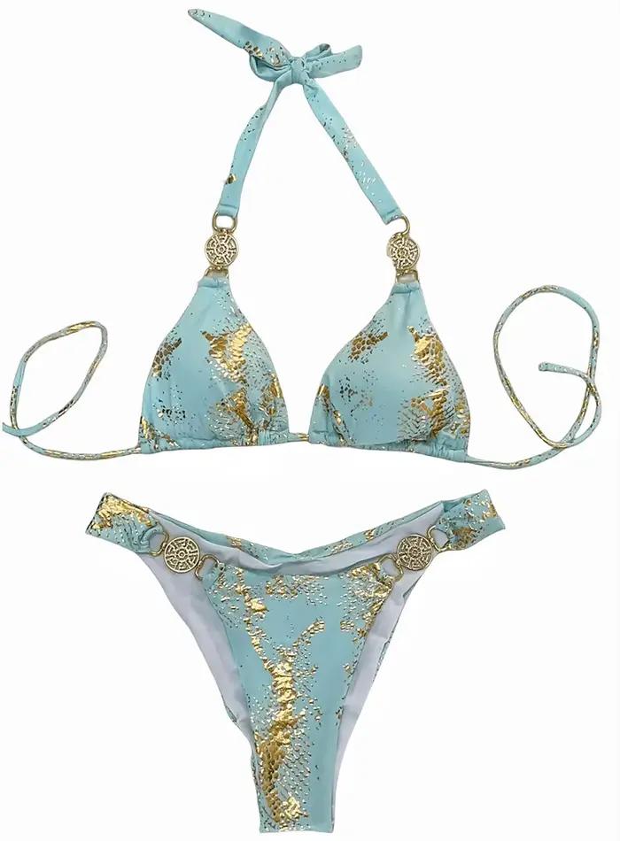 Peau de serpent imprimé licou diamant Bikini ensemble 2024 strass femmes maillots de bain
