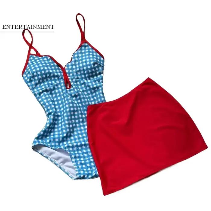 Maillot de bain amincissant à carreaux avec jupe à bords festonnés et dos nu ensemble bikini bleu frais tenue de plage vert armée jeunes femmes style moderne ocassions spéciales