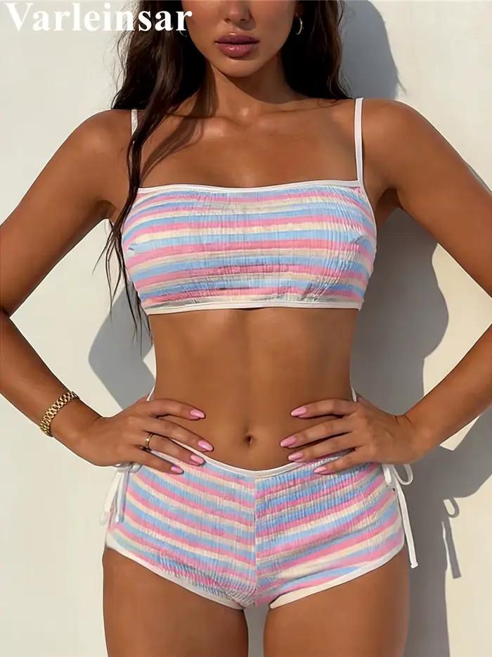 Bikini rayé taille mi-haute femme ensemble deux pièces avec short rembourré activité plage vacances piscine sports nautiques croisière polyester élasthanne ajustement parfait