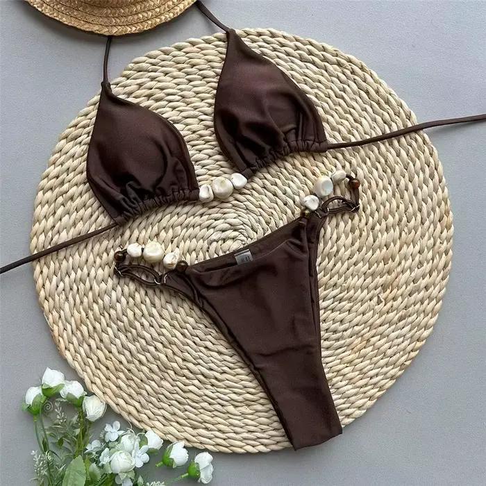 Ensemble de bikini Daxiyee vert uni sexy licou triangle perle string bikini mini micro string maillot de bain femme pour plage vacances et sports nautiques