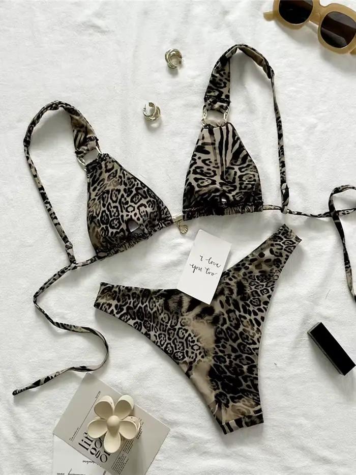 Bikini léopard en polyester et élasthanne pour femme, coupe haute, rembourré, idéal pour la plage, les vacances, la piscine, les sports nautiques et la croisière