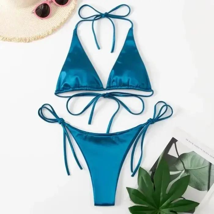 Solide marron String licou Triangle Micro Bikini