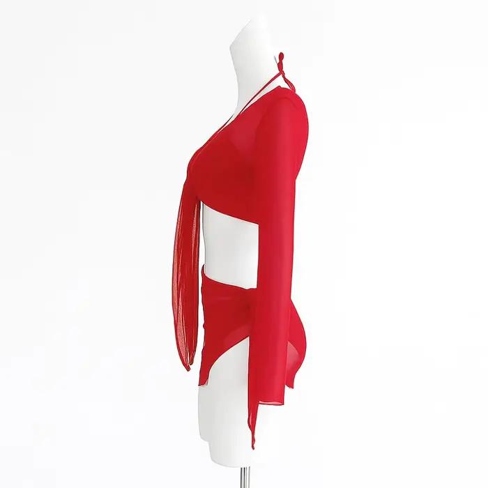 Ensemble bikini quatre pièces rouge pur avec lacets
